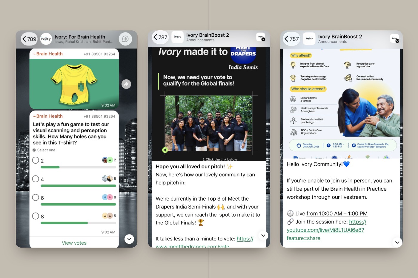 Three announcements in the Ivory WhatsApp community: a brain health game, a Meet the Drapers vote, and a workshop livestream