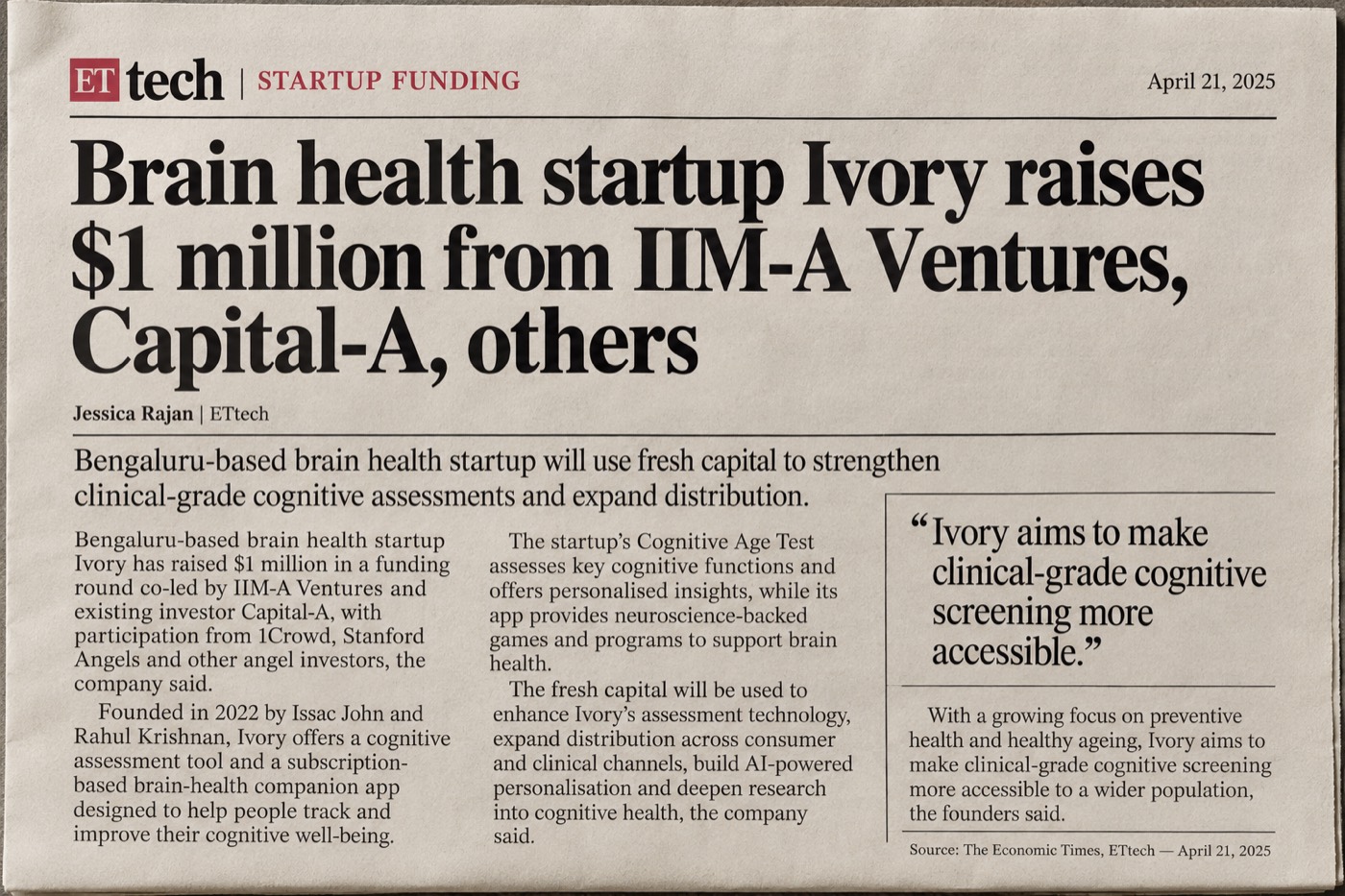 A newspaper report of Ivory raising $1 million